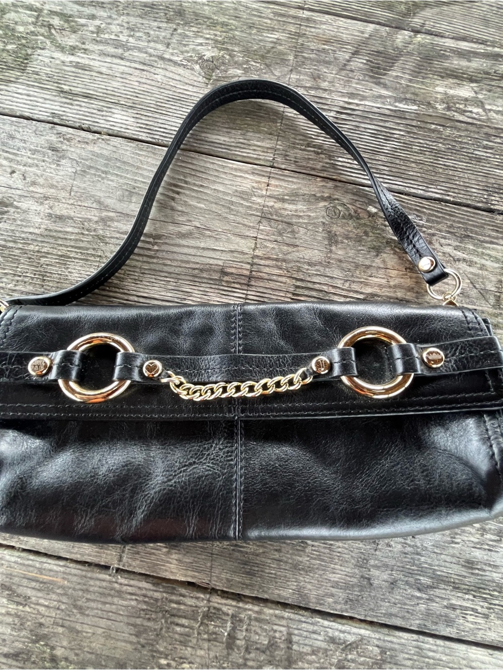 VINTAGE JUICEY COUTURE Black Leather Shoulder Bag with Gold Chain Accent